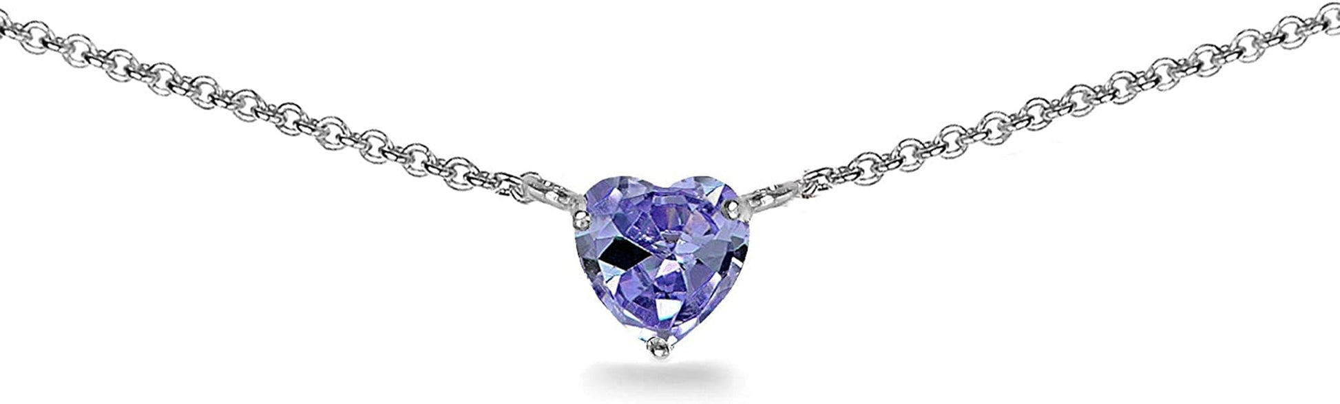 Sterling Silver Genuine or Synthetic Gemstone Dainty Heart Short Choker Necklace for Women Girls Simulated Tanzanite - Sterling Silver