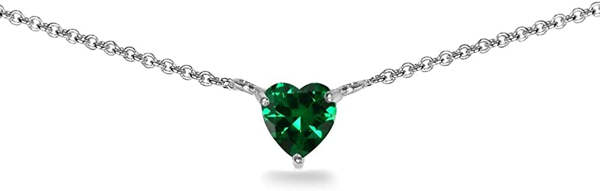 Sterling Silver Genuine or Synthetic Gemstone Dainty Heart Short Choker Necklace for Women Girls Synthetic Green Quartz - Sterling Silver