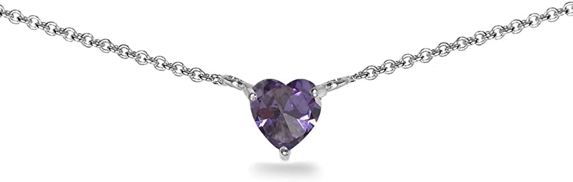 Sterling Silver Genuine or Synthetic Gemstone Dainty Heart Short Choker Necklace for Women Girls Purple CZ - Sterling Silver