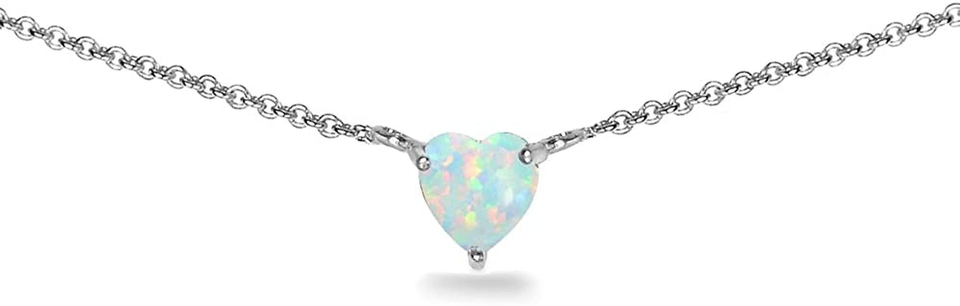 Sterling Silver Genuine or Synthetic Gemstone Dainty Heart Short Choker Necklace for Women Girls Synthetic White Opal - Sterling Silver
