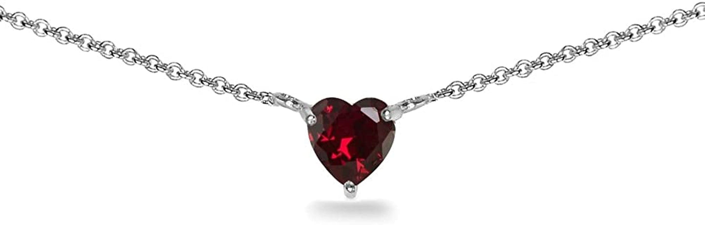 Sterling Silver Genuine or Synthetic Gemstone Dainty Heart Short Choker Necklace for Women Girls Synthetic Ruby - Sterling Silver
