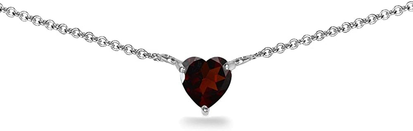 Sterling Silver Genuine or Synthetic Gemstone Dainty Heart Short Choker Necklace for Women Girls Garnet - Sterling Silver