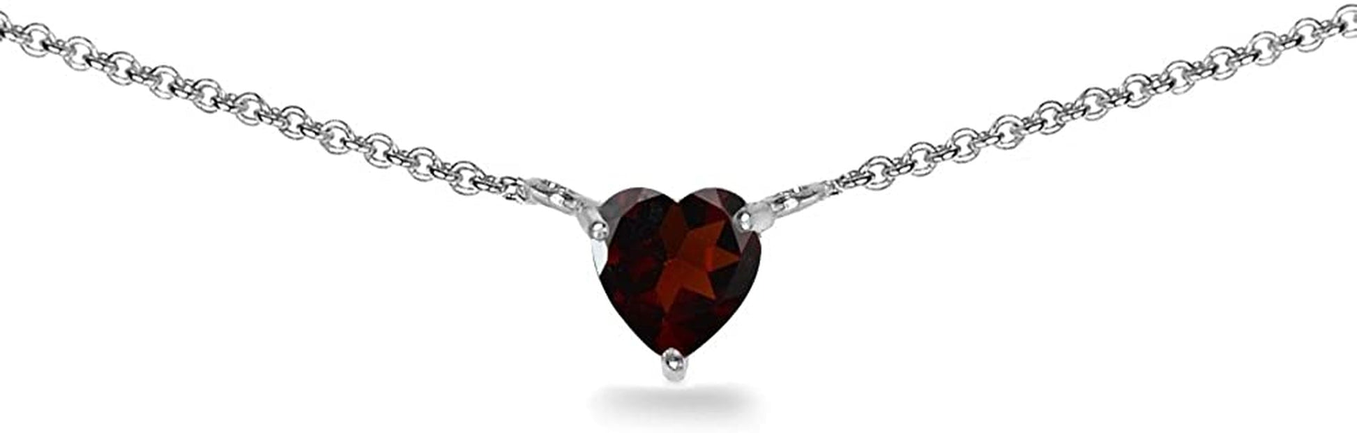 Sterling Silver Genuine or Synthetic Gemstone Dainty Heart Short Choker Necklace for Women Girls Garnet - Sterling Silver