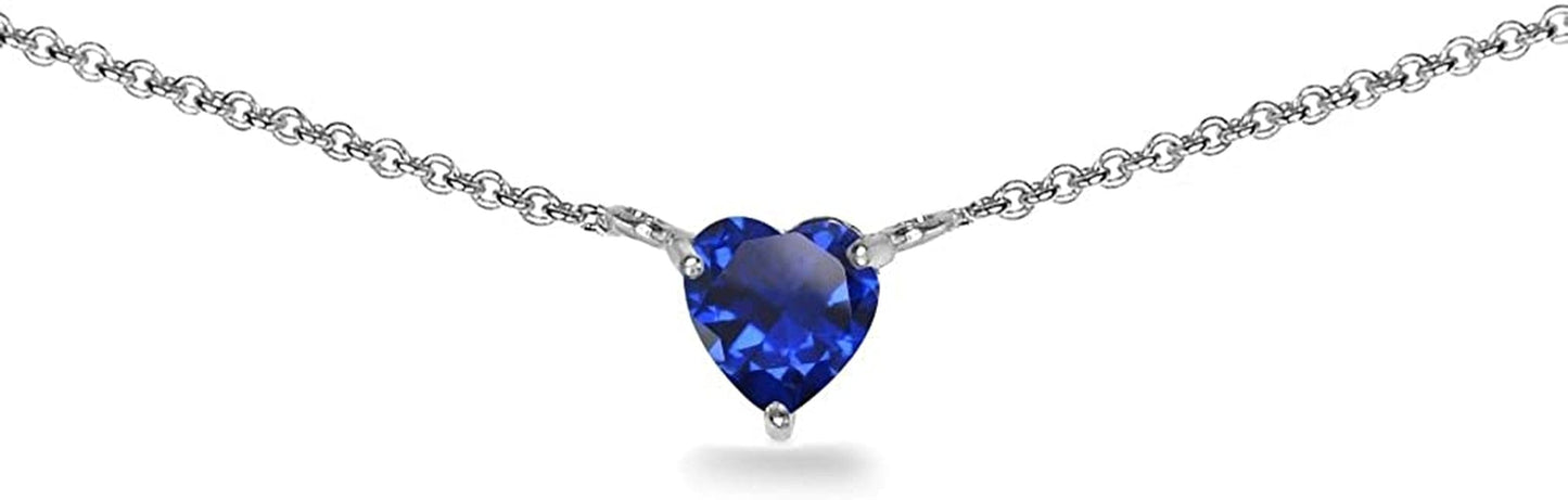 Sterling Silver Genuine or Synthetic Gemstone Dainty Heart Short Choker Necklace for Women Girls Synthetic Blue Spinel - Sterling Silver