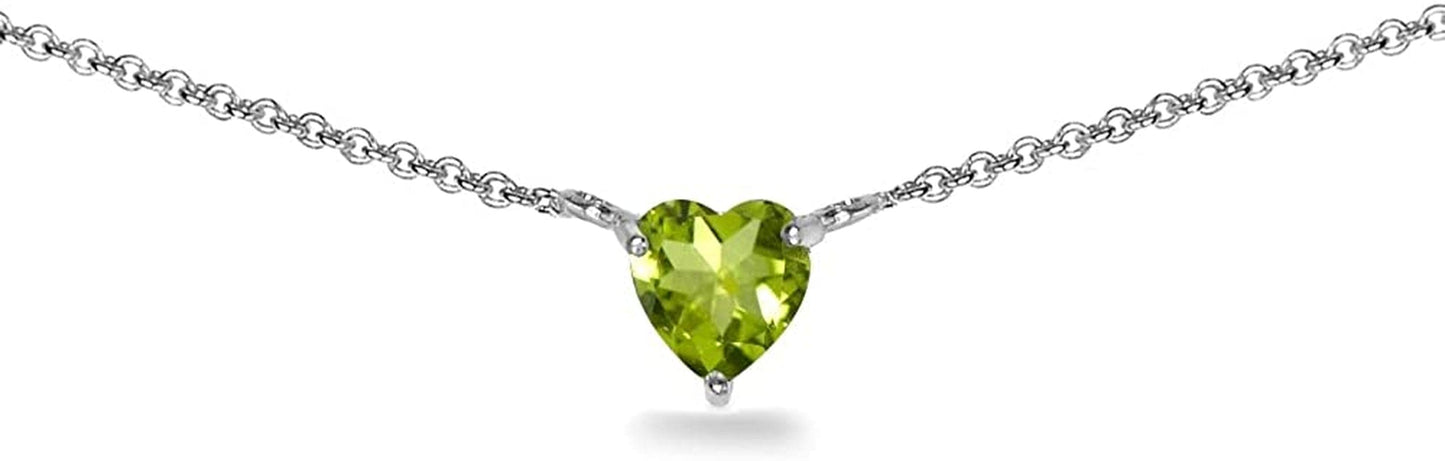 Sterling Silver Genuine or Synthetic Gemstone Dainty Heart Short Choker Necklace for Women Girls Peridot - Sterling Silver