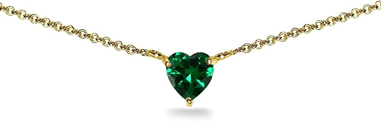 Sterling Silver Genuine or Synthetic Gemstone Dainty Heart Short Choker Necklace for Women Girls Synthetic Green Quartz - Yellow Gold Flashed
