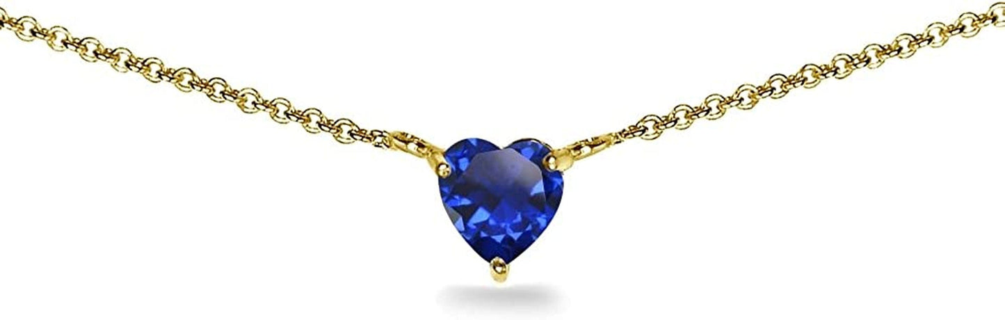Sterling Silver Genuine or Synthetic Gemstone Dainty Heart Short Choker Necklace for Women Girls Synthetic Blue Spinel - Yellow Gold Flashed