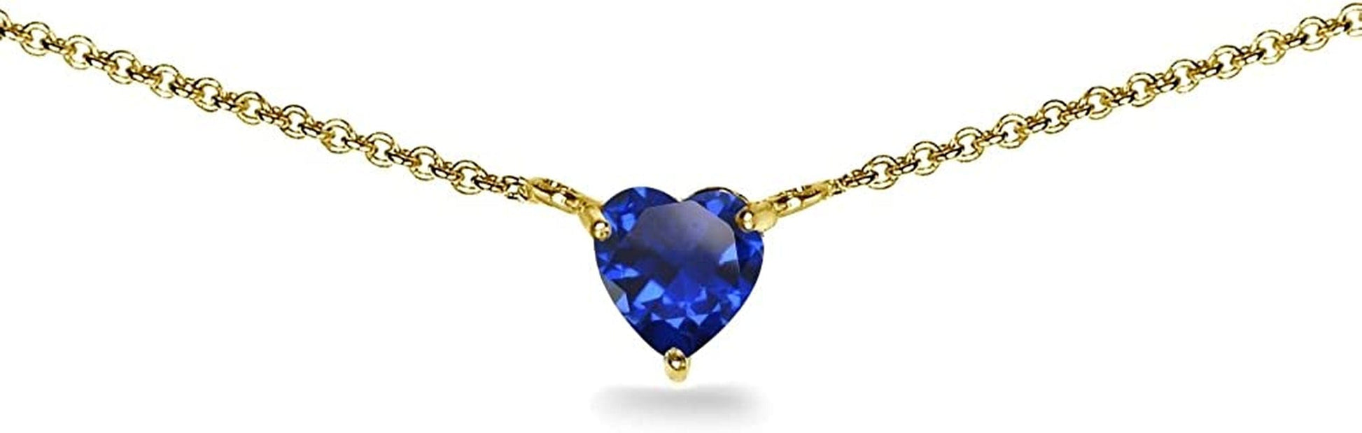 Sterling Silver Genuine or Synthetic Gemstone Dainty Heart Short Choker Necklace for Women Girls Synthetic Blue Spinel - Yellow Gold Flashed