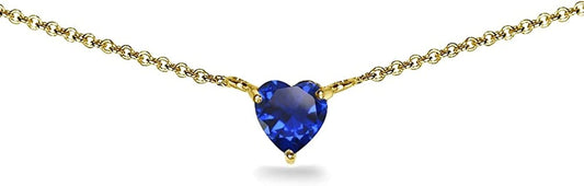 Sterling Silver Genuine or Synthetic Gemstone Dainty Heart Short Choker Necklace for Women Girls Synthetic Blue Spinel - Yellow Gold Flashed