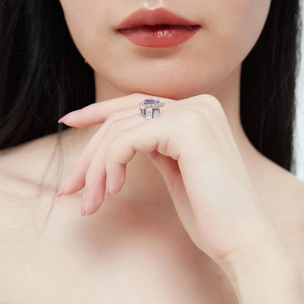 Sterling Silver Halo Wedding Engagement Rings Purple Heart Cubic Zirconia CZ Statement Ring Set for Women, Rhodium Plated Size 4-10