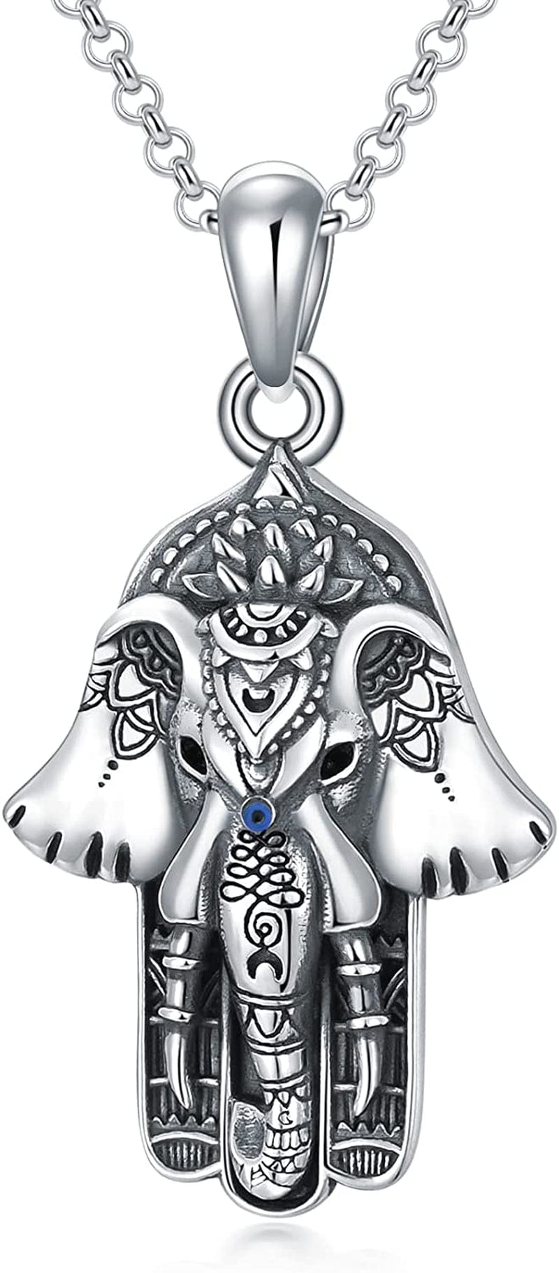 Sterling Silver Hamsa Fatima Necklace Elephant Necklace Blue Eye Pendant Jewelry for Men Women Girls Boy Hamsa Elephant Necklace