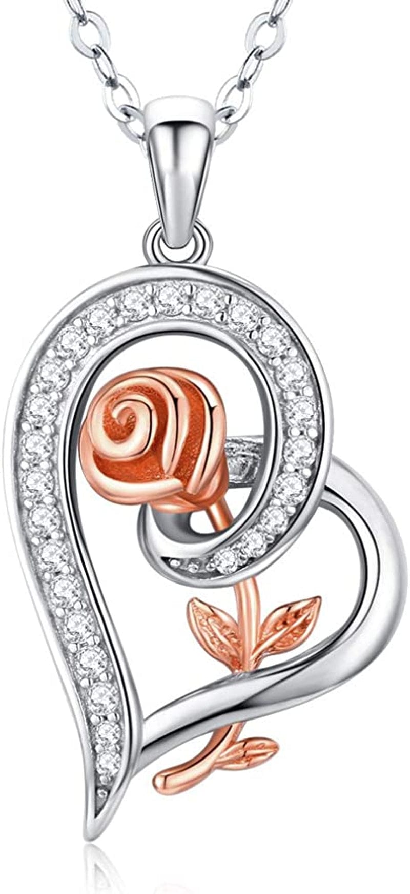 Sterling Silver Heart Rose Necklaces for Women,Birthday Christmas Jewelry Gifts for Her Girlfriend Wife Mom A-Two-Tone2