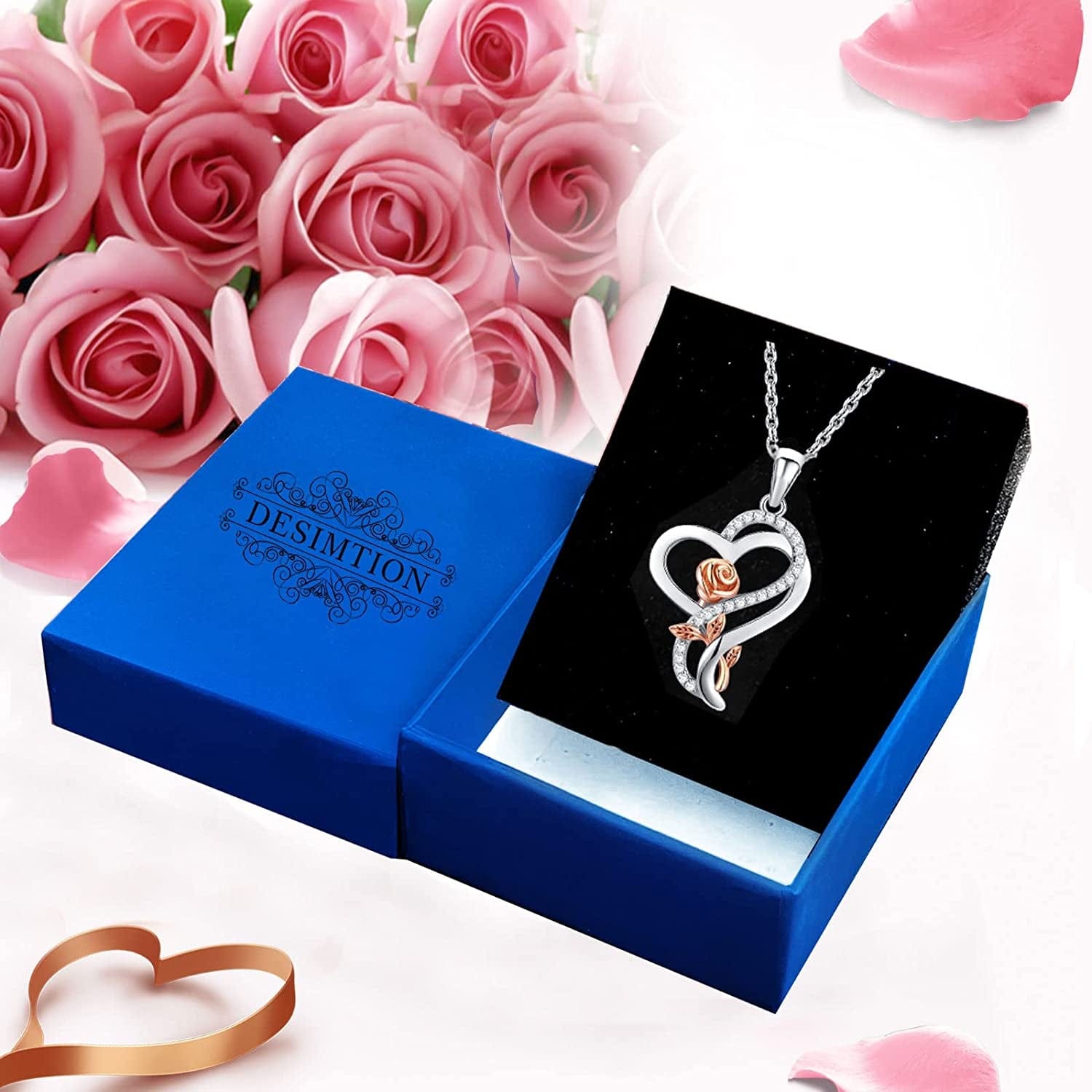 Sterling Silver Heart Rose Necklaces for Women,Birthday Christmas Jewelry Gifts for Her Girlfriend Wife Mom