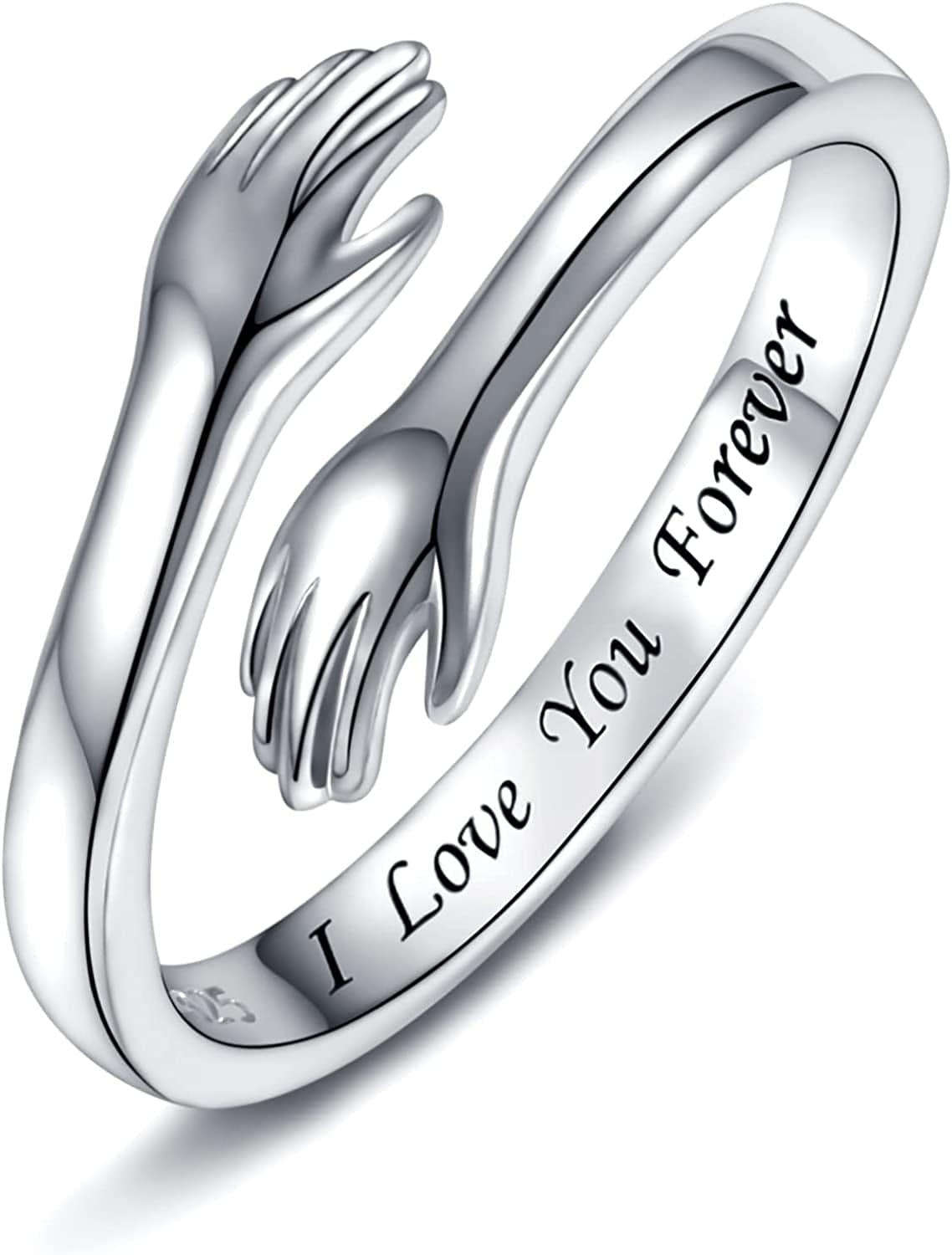 Sterling Silver Hug Ring for Women - I Love You Forever Mother Daughter Gift Sister Gifts Grandmother Gifts Engraved Words Hugging Hands Open Ring Jewelry Gift I Love you Forever