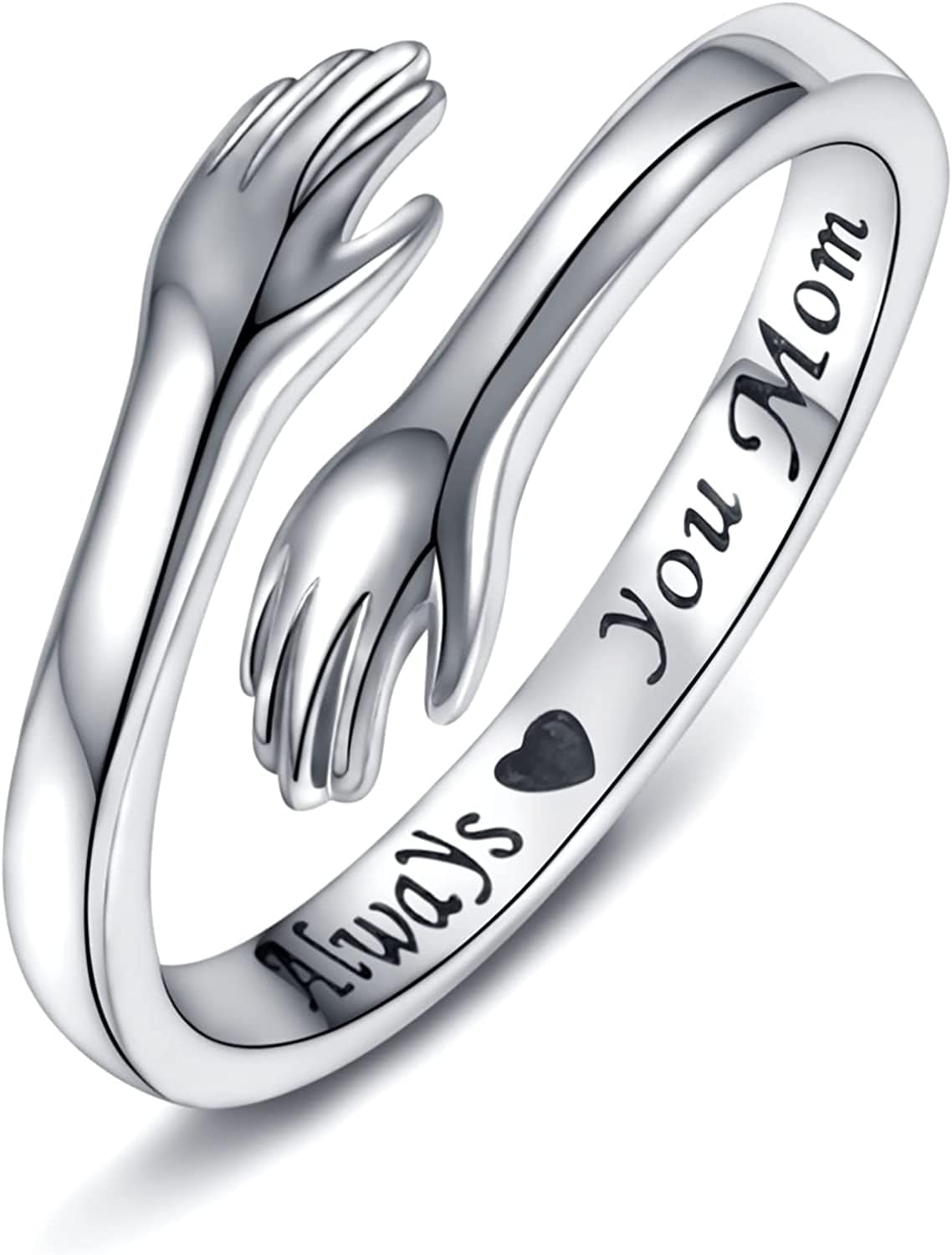 Sterling Silver Hug Ring for Women - I Love You Forever Mother Daughter Gift Sister Gifts Grandmother Gifts Engraved Words Hugging Hands Open Ring Jewelry Gift Always love you MOM