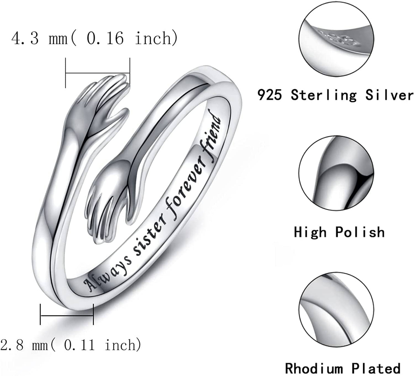 Sterling Silver Hug Ring for Women - I Love You Forever Mother Daughter Gift Sister Gifts Grandmother Gifts Engraved Words Hugging Hands Open Ring Jewelry Gift