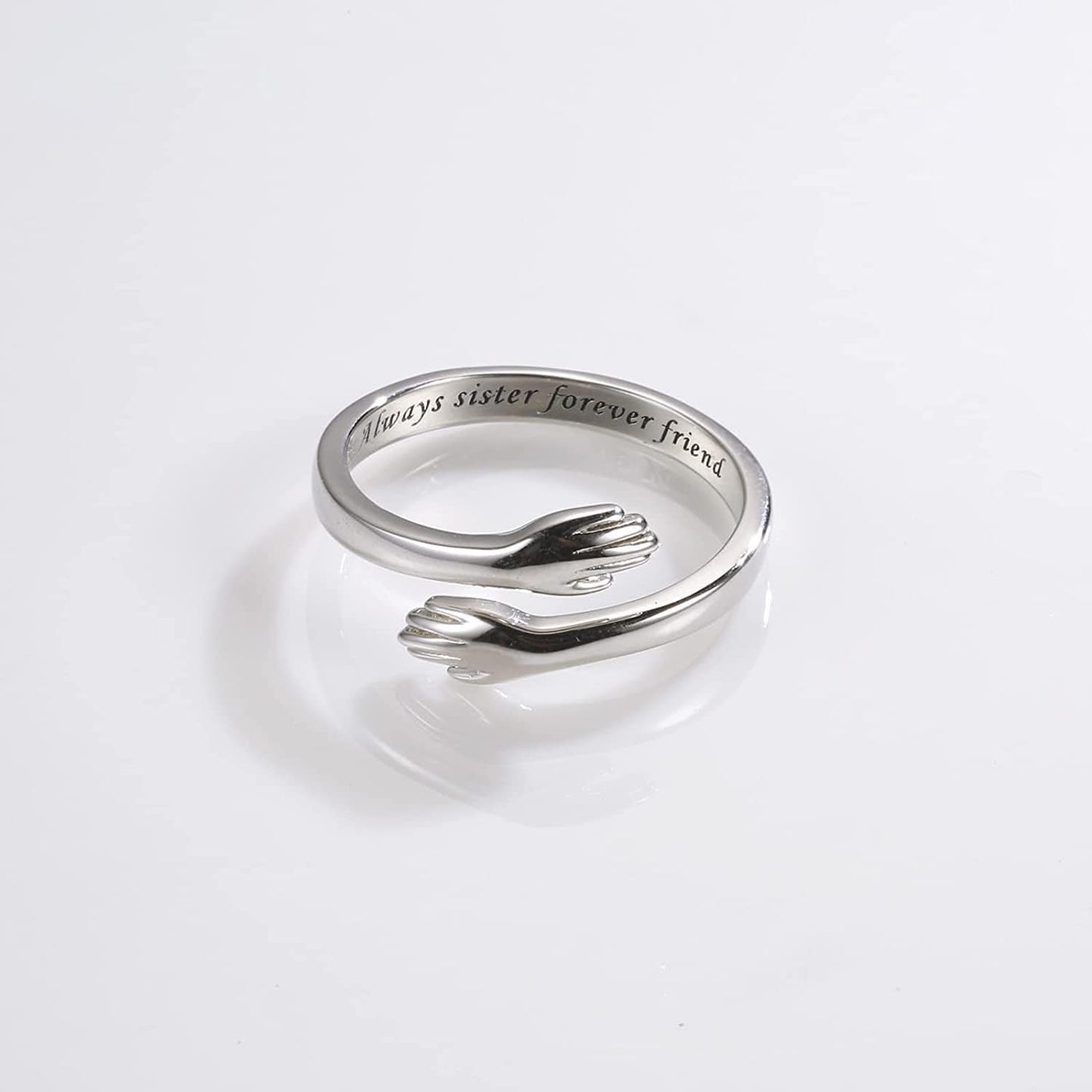 Sterling Silver Hug Ring for Women - I Love You Forever Mother Daughter Gift Sister Gifts Grandmother Gifts Engraved Words Hugging Hands Open Ring Jewelry Gift