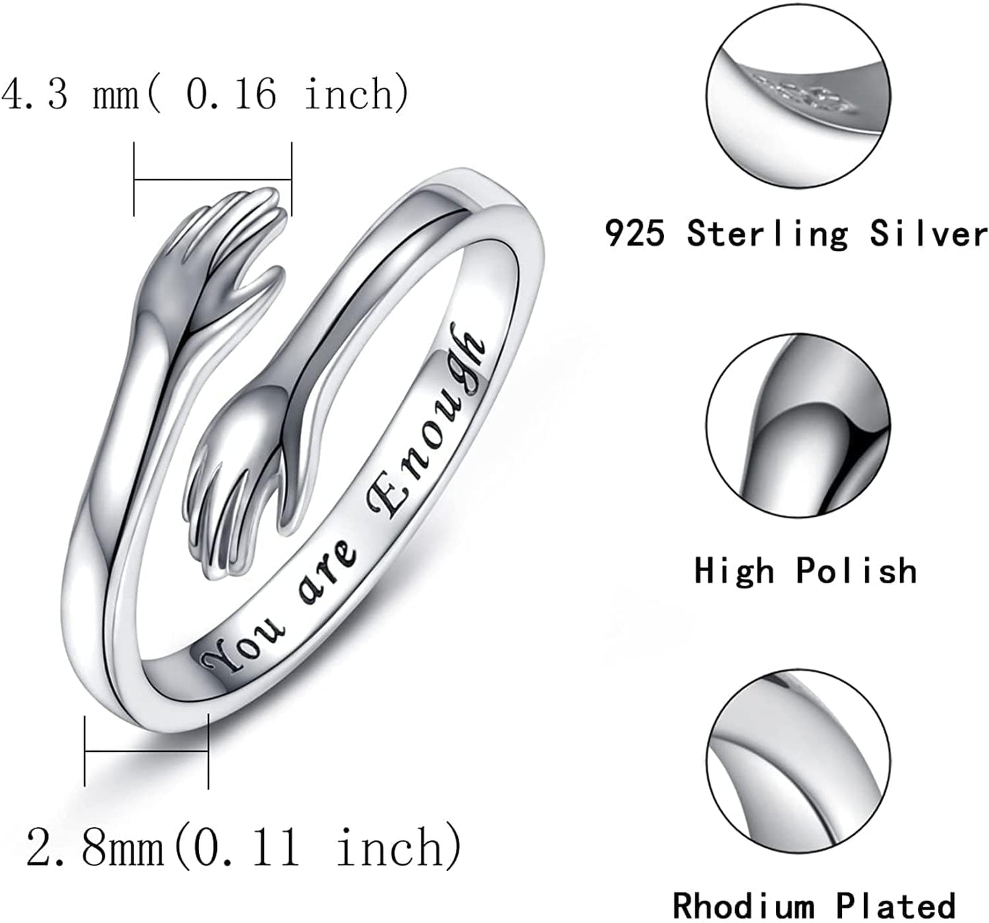 Sterling Silver Hug Ring for Women - Inspirational You Are Enough Keep Going Adjustable Open Wrap Ring Graduation Jewelry Gift for Teens Girls Graduates