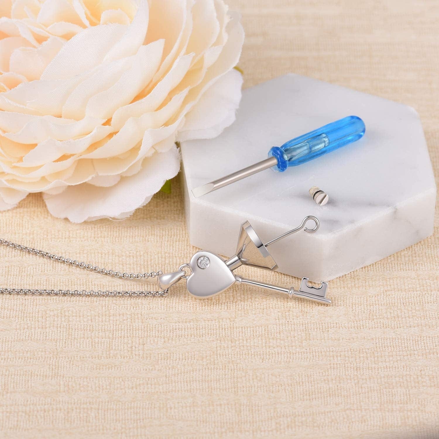 Sterling Silver Key Urn Necklace Heart Shape Urn Pendant Cremation Ashes Keepsake Memorial Jewelry