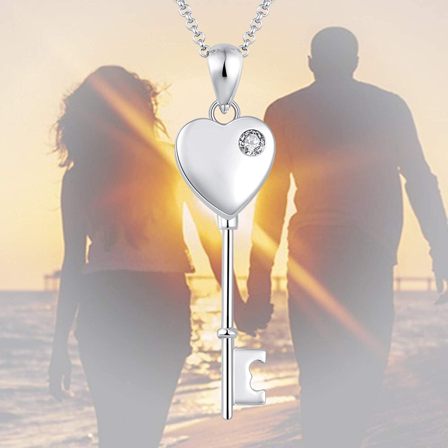 Sterling Silver Key Urn Necklace Heart Shape Urn Pendant Cremation Ashes Keepsake Memorial Jewelry