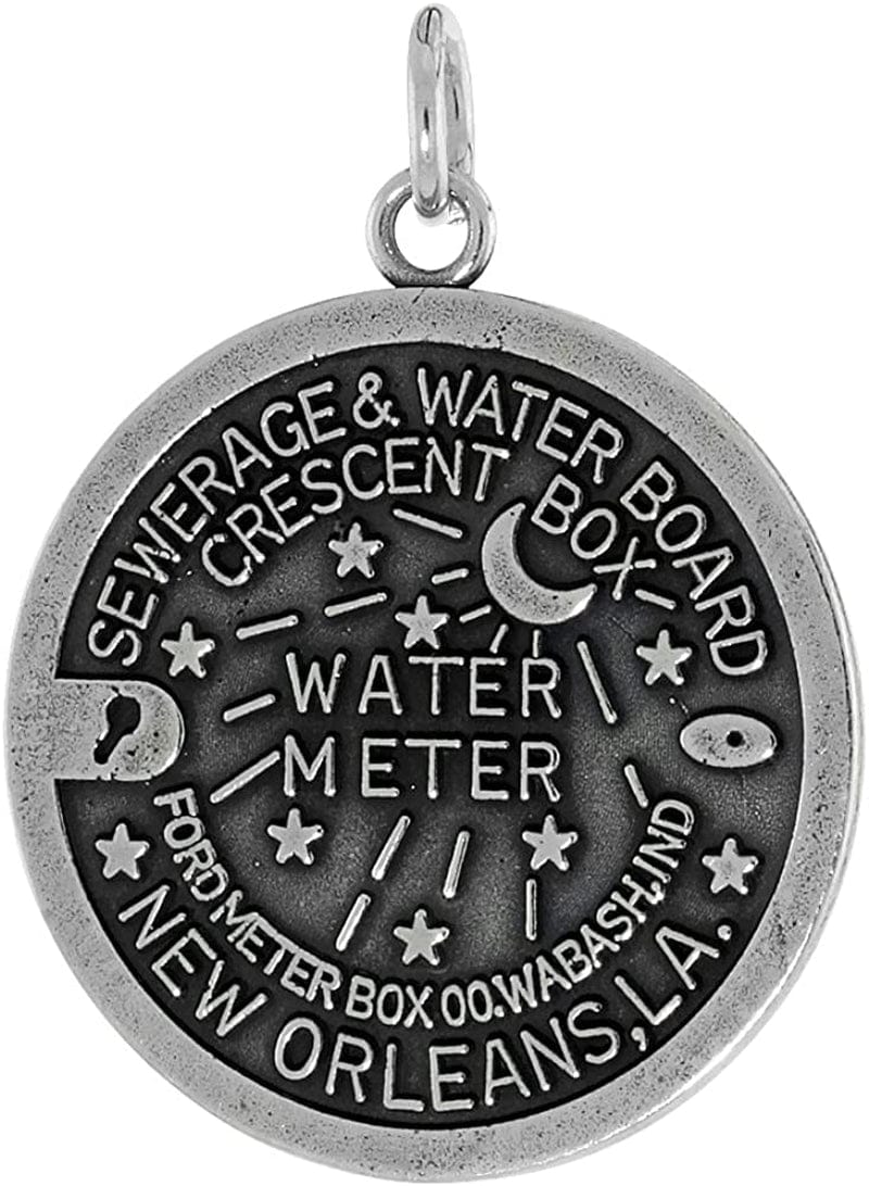 Sterling Silver New Orleans Water Meter Manhole Cover Necklace Antiqued Finish 1 Inch Tall, 16-30 Inch Chain 18-inch