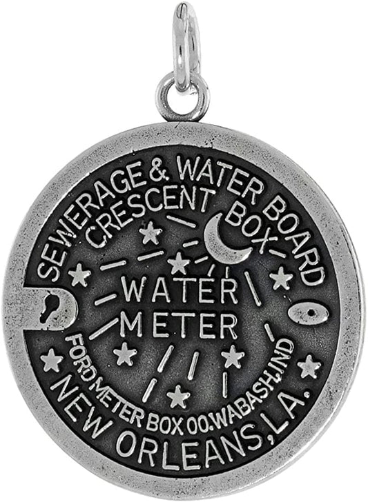 Sterling Silver New Orleans Water Meter Manhole Cover Necklace Antiqued Finish 1 Inch Tall, 16-30 Inch Chain 18-inch