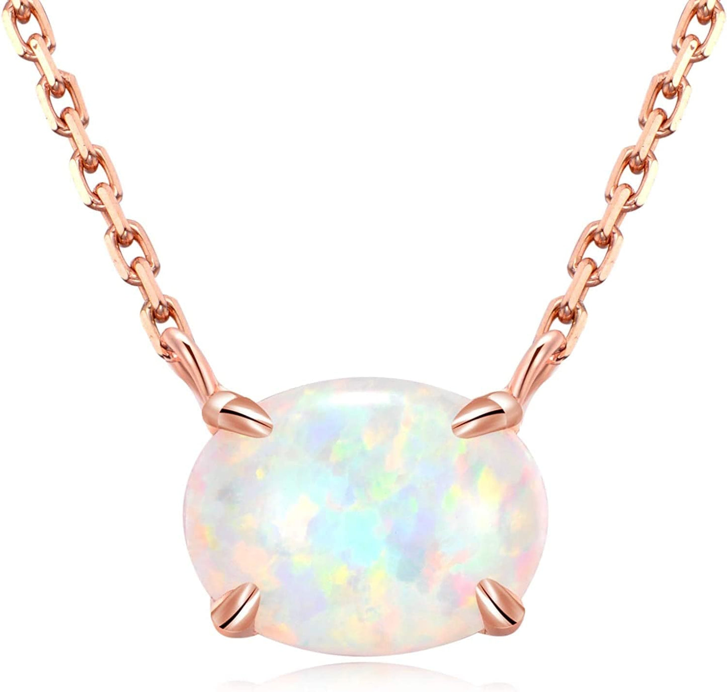 Sterling Silver Opal Necklace, 925 Sterling Silver, Small Dainty Oval Opal Jewelry for Women, Gemstone Necklaces, Womens Jewelry, Simple Rose Gold Necklaces for Women Rose Gold & Sterling Silver