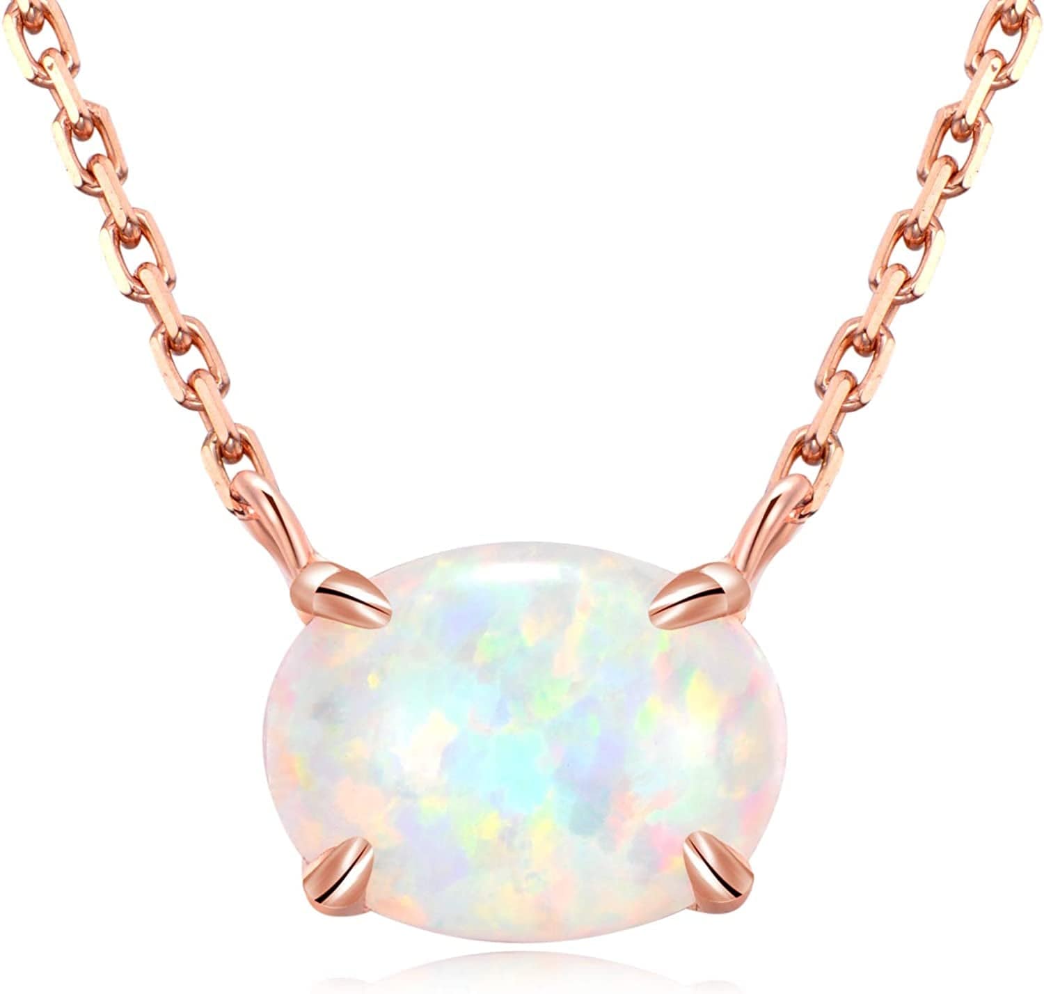 Sterling Silver Opal Necklace, 925 Sterling Silver, Small Dainty Oval Opal Jewelry for Women, Gemstone Necklaces, Womens Jewelry, Simple Rose Gold Necklaces for Women Rose Gold & Sterling Silver