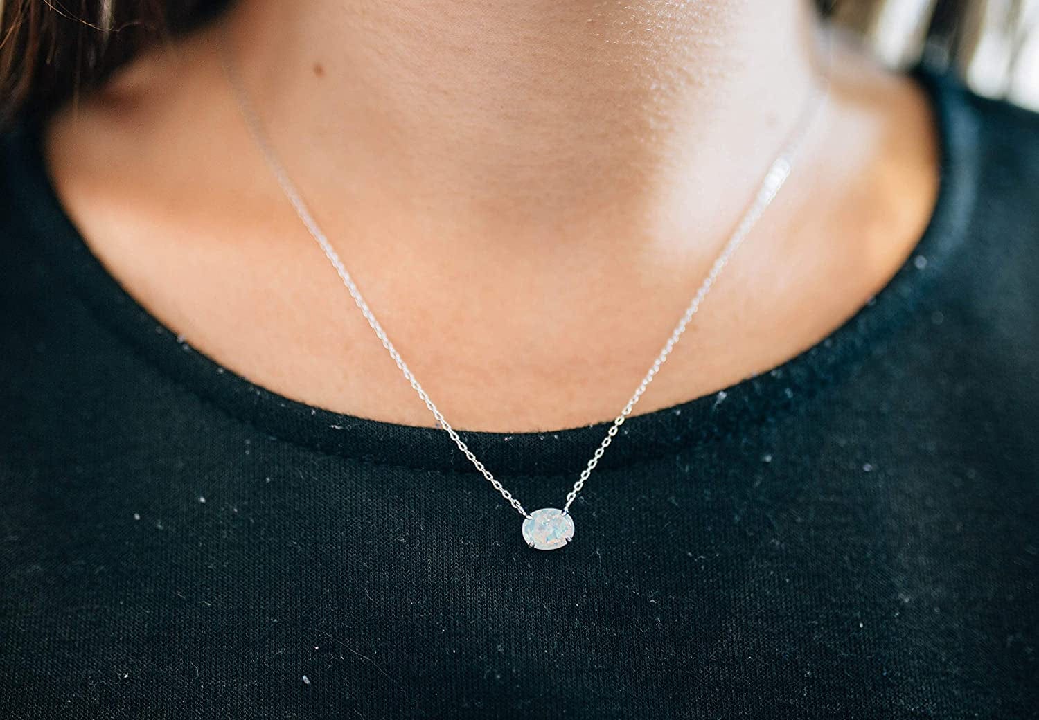 Sterling Silver Opal Necklace, 925 Sterling Silver, Small Dainty Oval Opal Jewelry for Women, Gemstone Necklaces, Womens Jewelry, Simple Rose Gold Necklaces for Women
