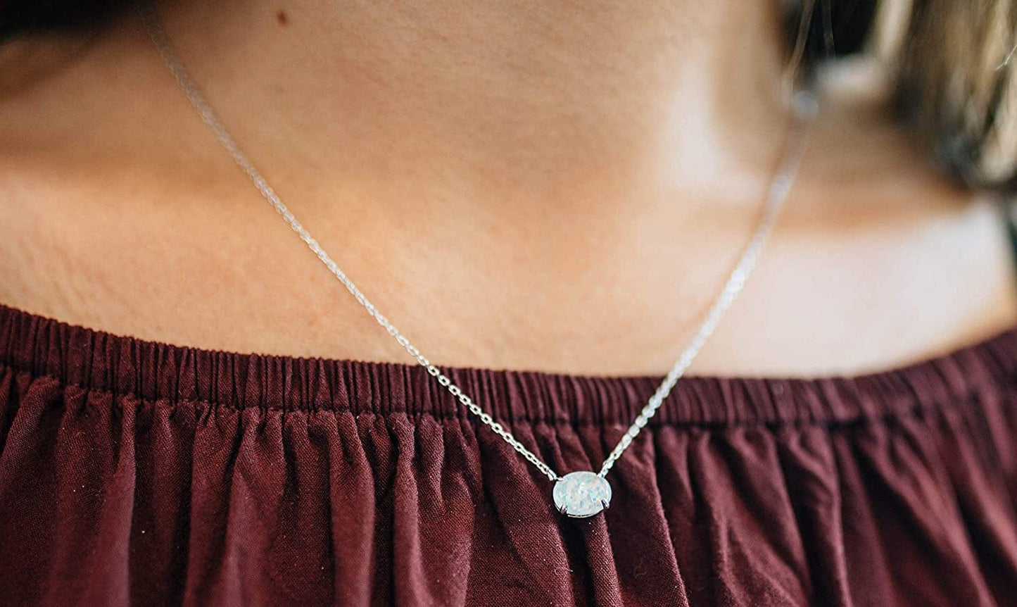 Sterling Silver Opal Necklace, 925 Sterling Silver, Small Dainty Oval Opal Jewelry for Women, Gemstone Necklaces, Womens Jewelry, Simple Rose Gold Necklaces for Women