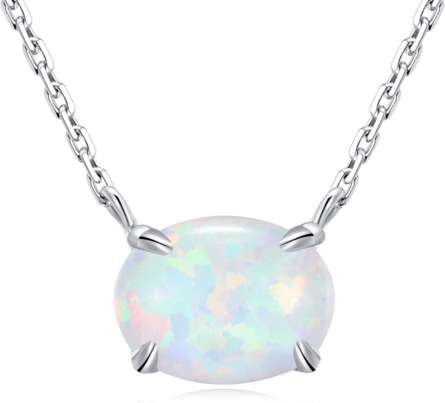 Sterling Silver Opal Necklace, 925 Sterling Silver, Small Dainty Oval Opal Jewelry for Women, Gemstone Necklaces, Womens Jewelry, Simple Rose Gold Necklaces for Women White Gold & Sterling Silver