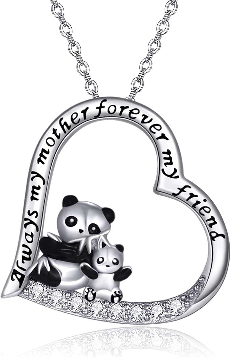 Sterling Silver Panda Necklace Lovely Panda Bamboo Pendant Heart Engraved Pendant Necklace Mother Panda Jewelry Gifts for Women Daughter Panda Lover Mother Panda