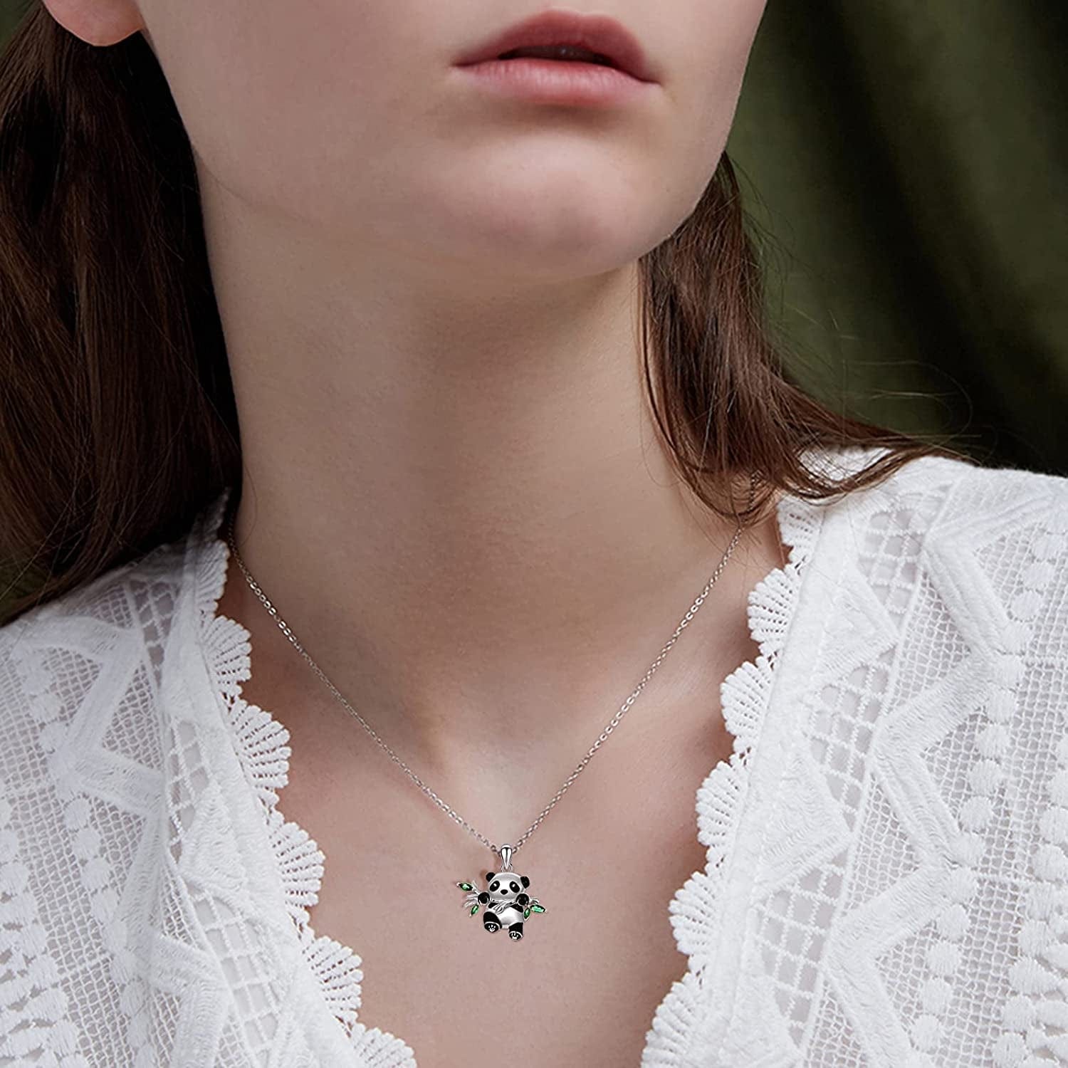 Sterling Silver Panda Necklace Lovely Panda Bamboo Pendant Heart Engraved Pendant Necklace Mother Panda Jewelry Gifts for Women Daughter Panda Lover