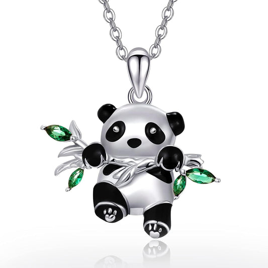 Sterling Silver Panda Necklace Lovely Panda Bamboo Pendant Heart Engraved Pendant Necklace Mother Panda Jewelry Gifts for Women Daughter Panda Lover Lovely Panda