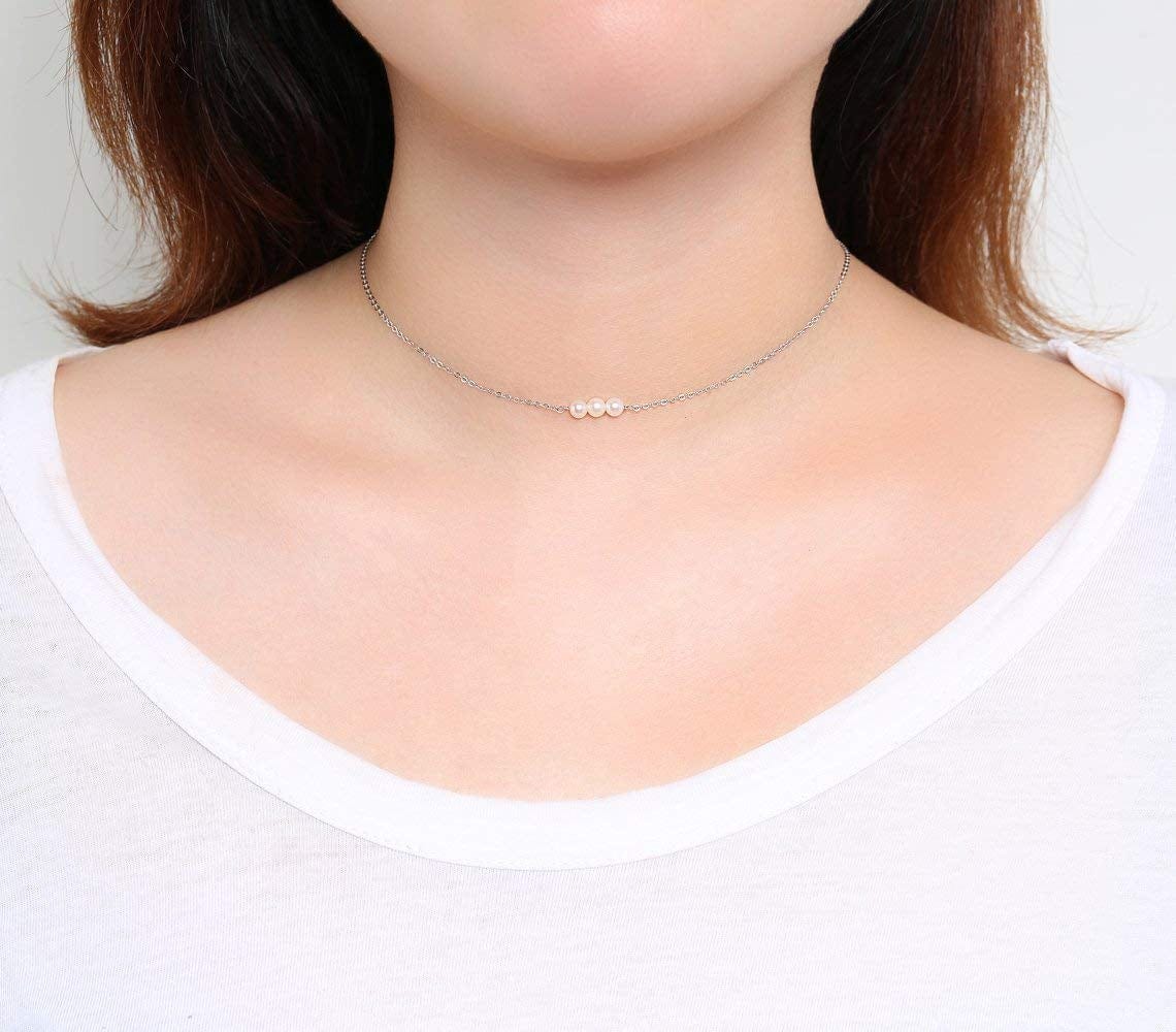 Sterling Silver Pearl Choker Necklace, Handmade with 3 Dainty Real Freshwater Pearl for Women or Girl (Silver)