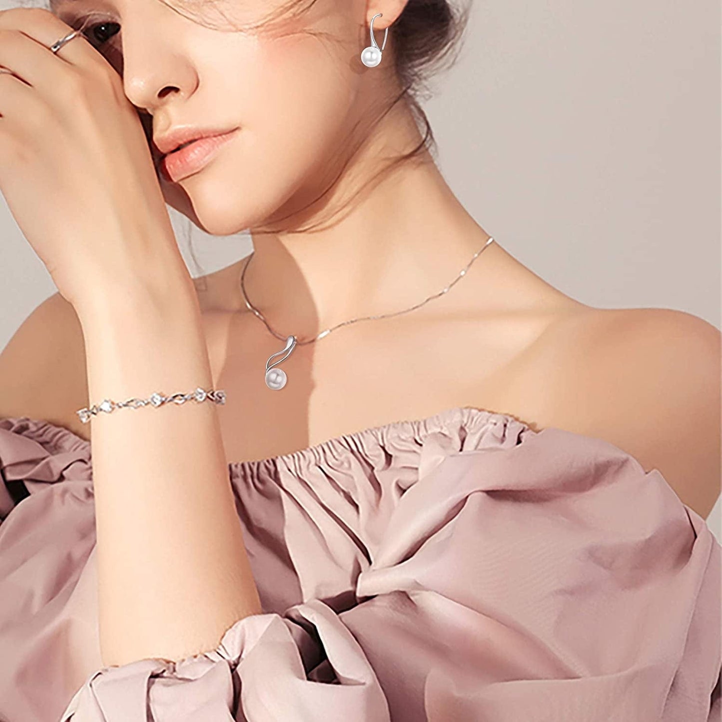Sterling Silver Pearl Jewelry Set 18K Gold Plated Genuine Freshwater Cultured Pearl Jewelry Pendant Necklace Pearl Earrings for Women Girls White Pearl Set