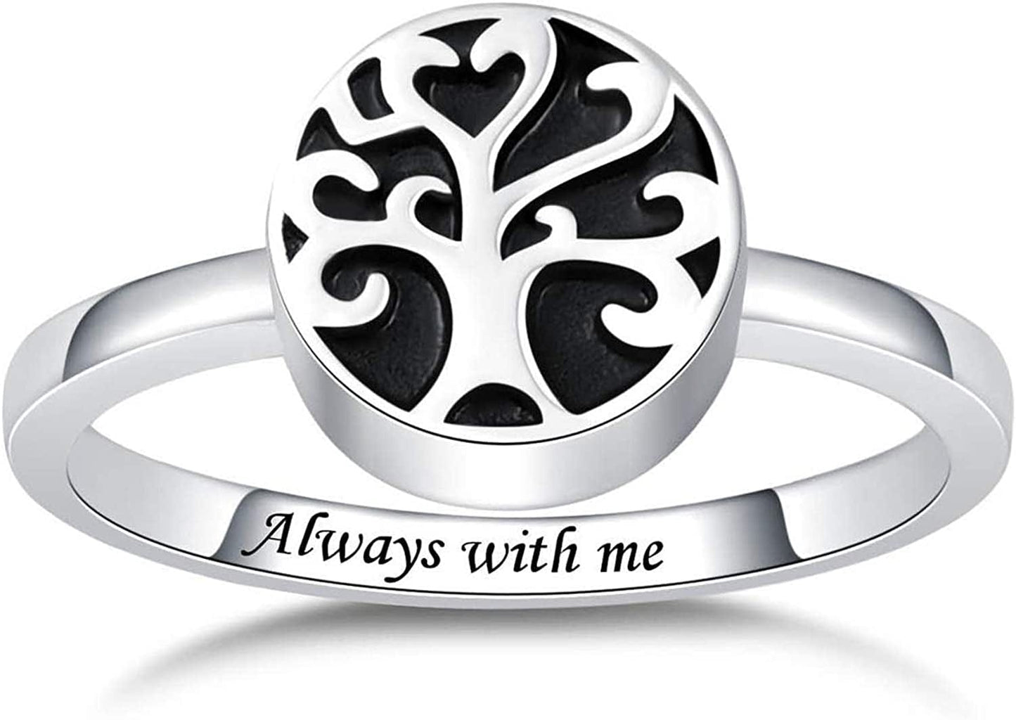 Sterling Silver Rose Flower / Angel Wings / Tree of Life Urn Ring Hold Loved Ones Ashes Always in My Heart Keepsake Memorial Jewelry Cremation Rings for Women Tree Of Life Urn Ring / 10