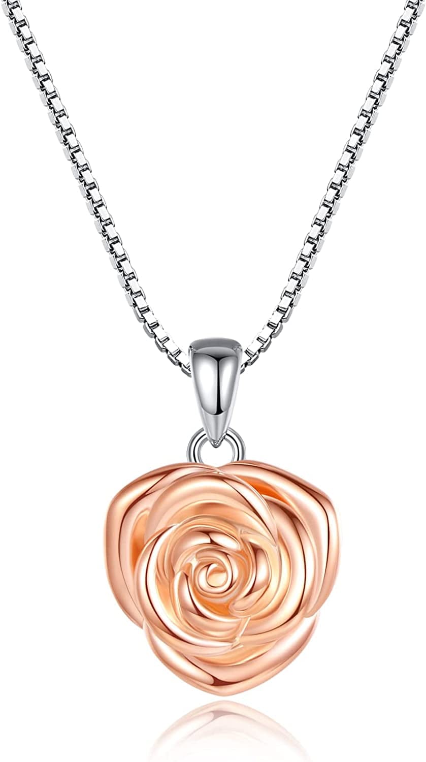 Sterling Silver Rose Flower Cremation Urn Pendant Necklace Keepsake Ashes Memorial Jewelry for Women Rose Gold