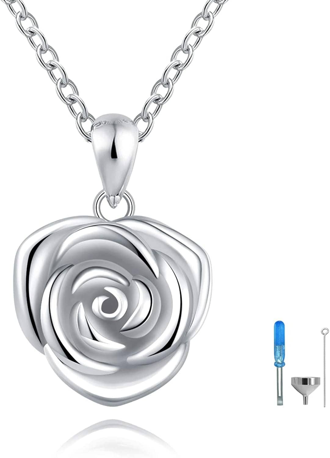 Sterling Silver Rose Flower Cremation Urn Pendant Necklace Keepsake Ashes Memorial Jewelry for Women Silver