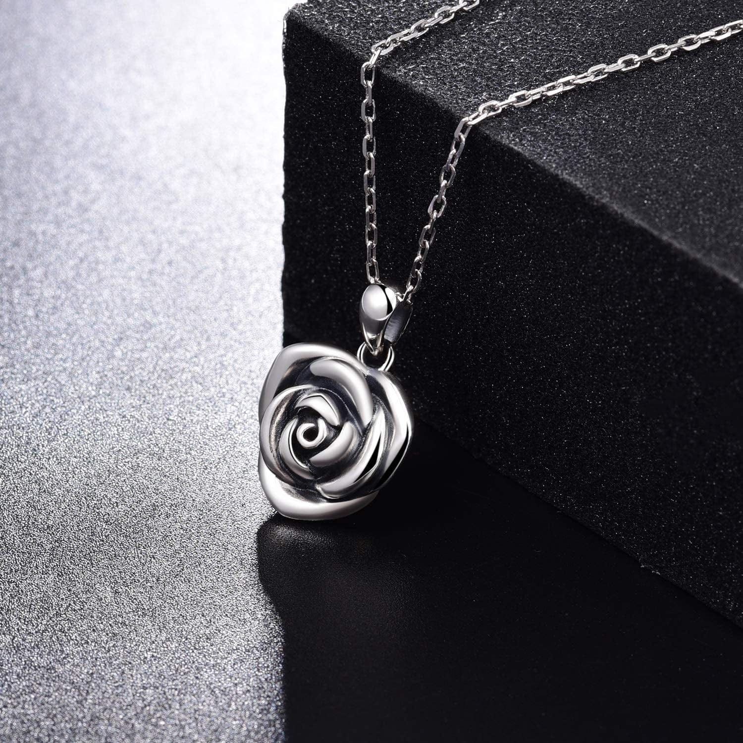 Sterling Silver Rose Flower Cremation Urn Pendant Necklace Keepsake Ashes Memorial Jewelry for Women