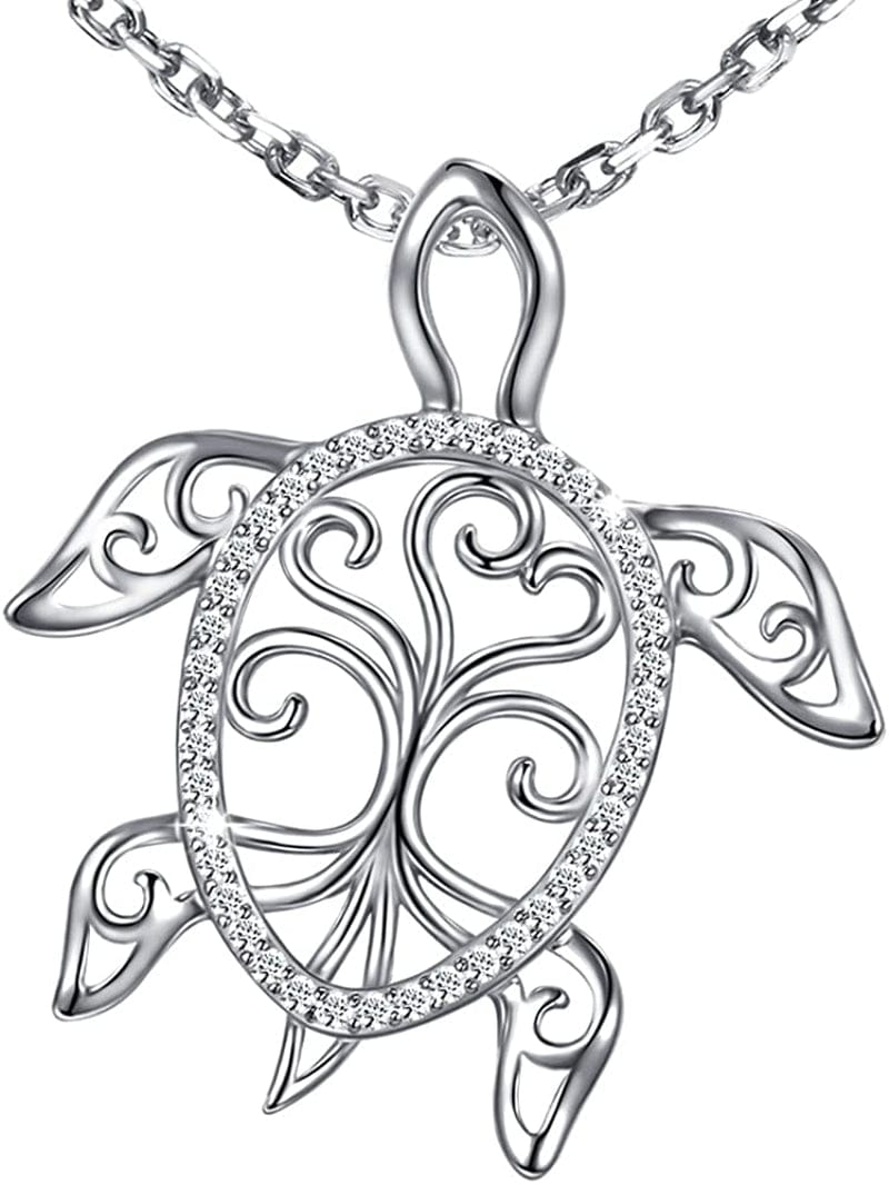 Sterling Silver Sea Turtle Necklace Tree of Life Tortoise Pendant Holiday Beachy Mothers Day Jewelry Gift for Ladies Women Mom Ocean Lover White