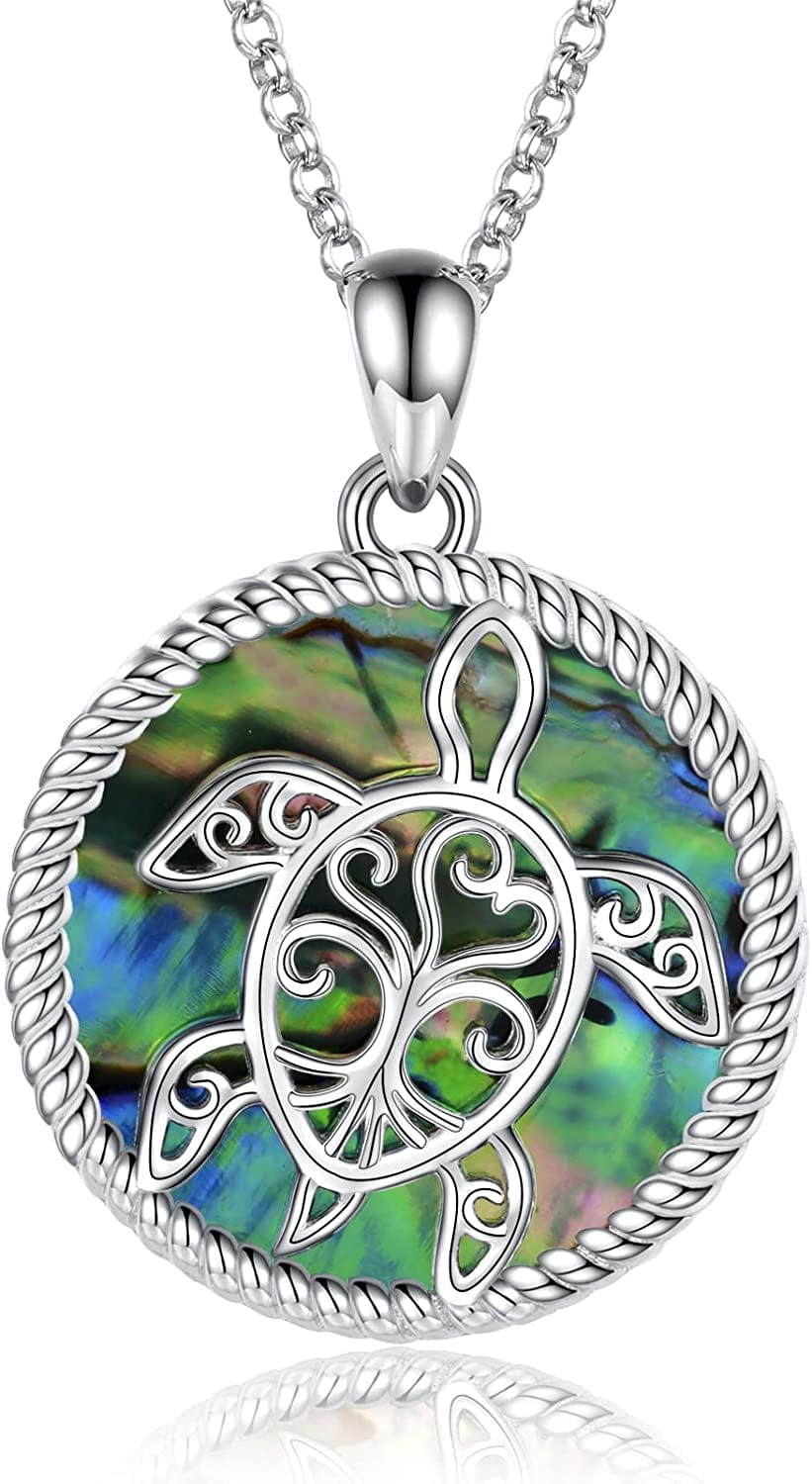 Sterling Silver Sea Turtle Necklace Tree of Life Tortoise Pendant Holiday Beachy Mothers Day Jewelry Gift for Ladies Women Mom Ocean Lover abalone turtle