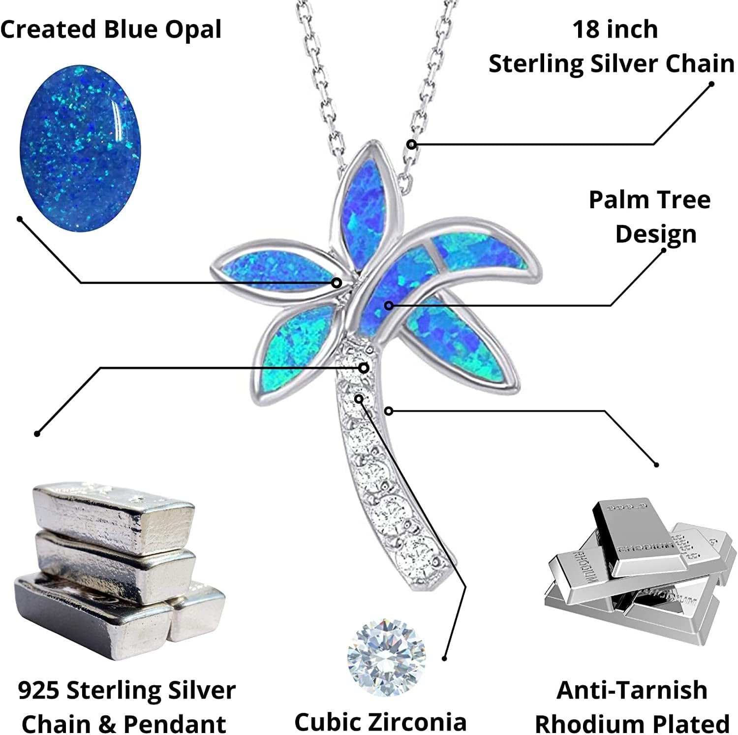 Sterling Silver Simulated Opal Palm Tree Necklace for Women | CZ Diamond and Created Blue Opal Pendant Necklace with 18 Inch Silver Chain