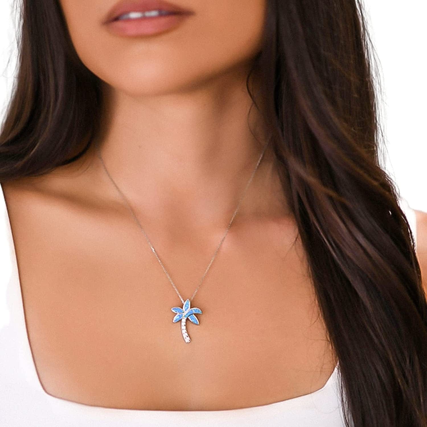 Sterling Silver Simulated Opal Palm Tree Necklace for Women | CZ Diamond and Created Blue Opal Pendant Necklace with 18 Inch Silver Chain