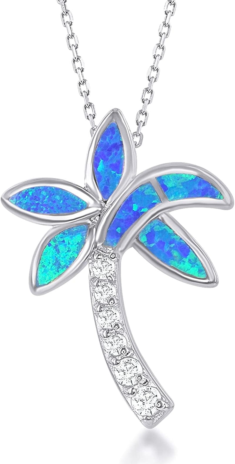 Sterling Silver Simulated Opal Palm Tree Necklace for Women | CZ Diamond and Created Blue Opal Pendant Necklace with 18 Inch Silver Chain
