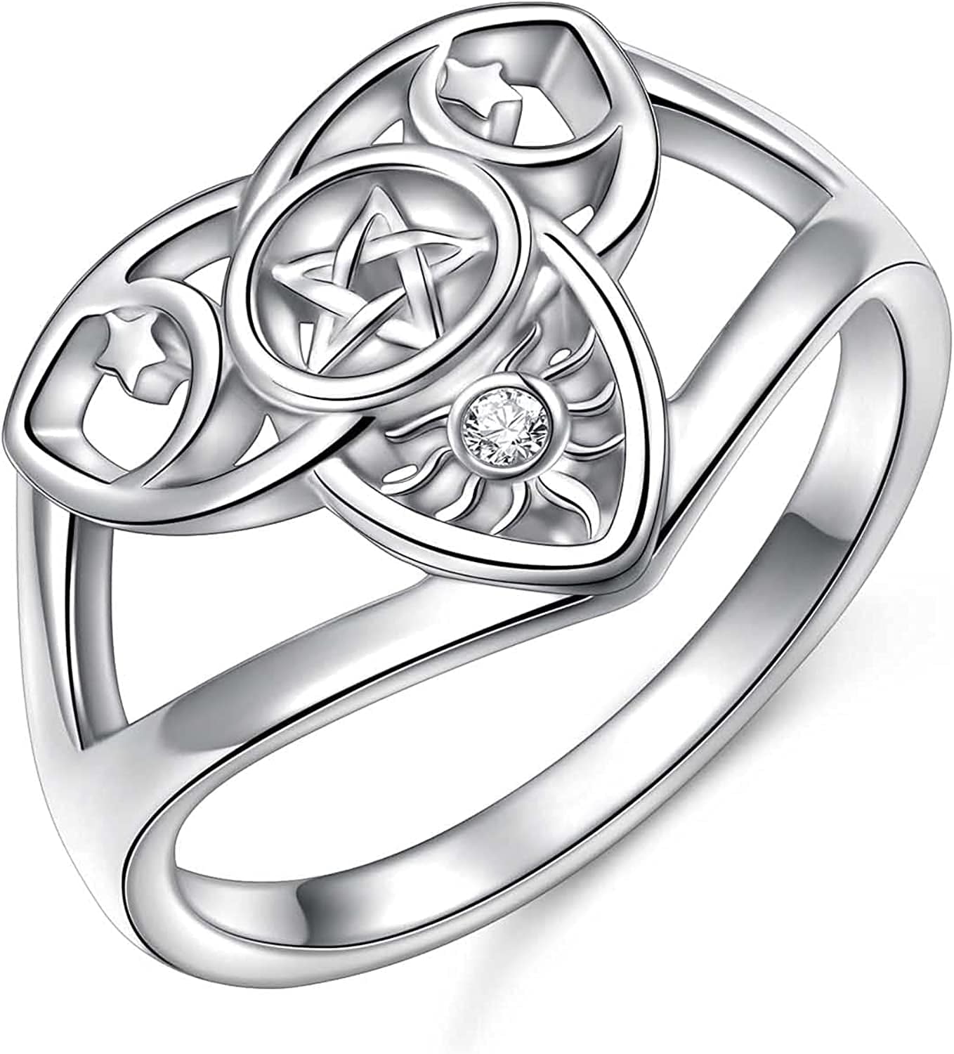 Sterling Silver Triple Moon Goddess Triquetra Pentacle Knot Necklace Pagan Wicca Pendant Necklace or Ring C-ring size 5