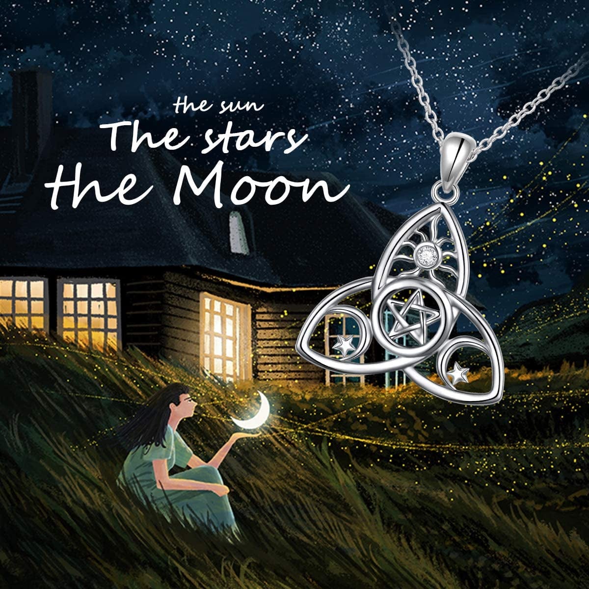 Sterling Silver Triple Moon Goddess Triquetra Pentacle Knot Necklace Pagan Wicca Pendant Necklace or Ring