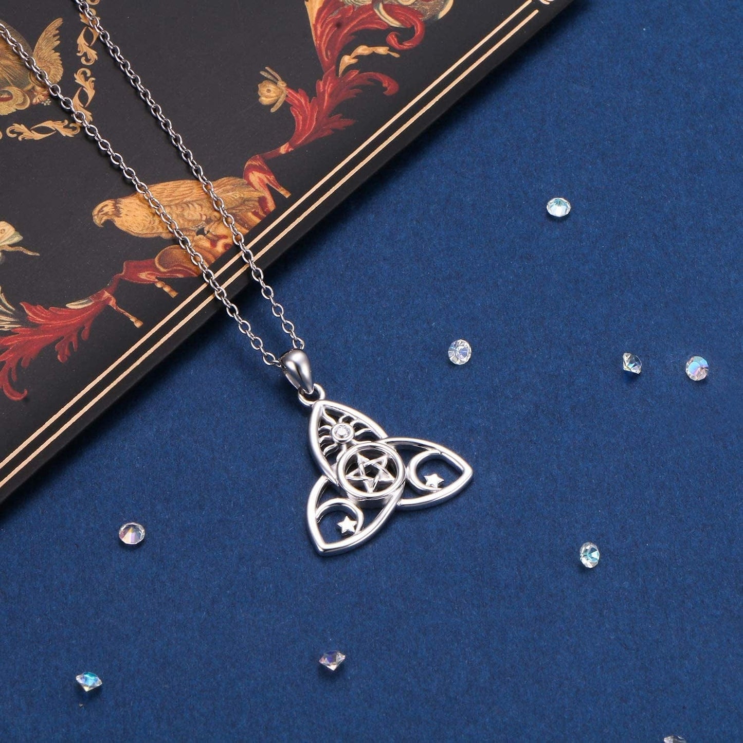 Sterling Silver Triple Moon Goddess Triquetra Pentacle Knot Necklace Pagan Wicca Pendant Necklace or Ring
