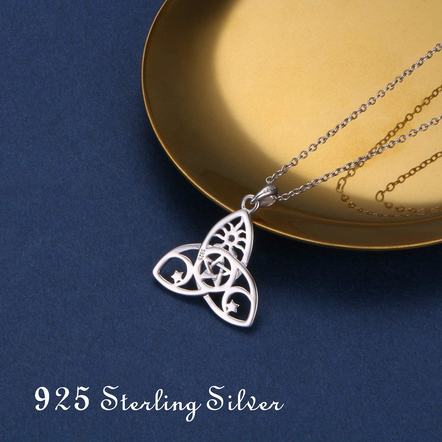 Sterling Silver Triple Moon Goddess Triquetra Pentacle Knot Necklace Pagan Wicca Pendant Necklace or Ring
