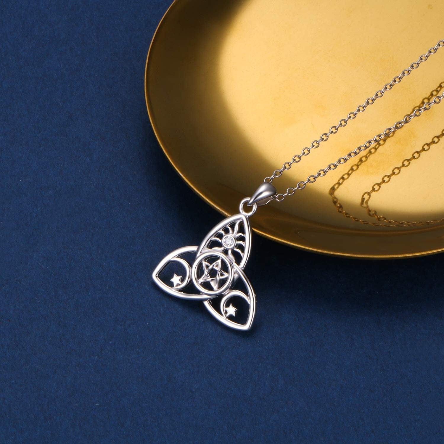 Sterling Silver Triple Moon Goddess Triquetra Pentacle Knot Necklace Pagan Wicca Pendant Necklace or Ring